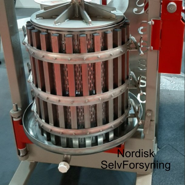 Elektrisk hydraulisk presse, 130 l., rustfri kurv, presseplade og aflbsskl. Malet ramme.