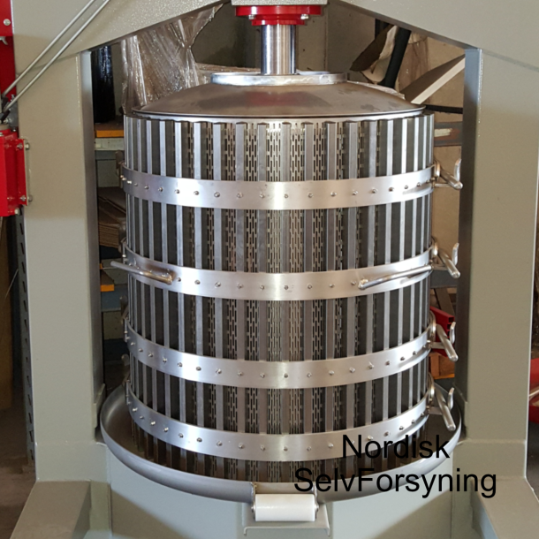 Elektrisk, hydraulisk presse, 480 liter. Rustfritt stl i kurv, pressplate og oppsamlingsskl. 