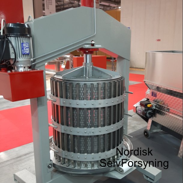 Frugtpresser Hydraulisk, 210 l. Rustfri Kurv, Presseplade og Aflbsskl. Malet ramme.
