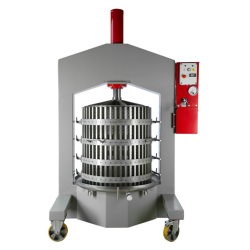 Elektrisk hydraulisk presse, 210 l., rustfri kurv, presseplade og aflbsskl. Malet ramme.