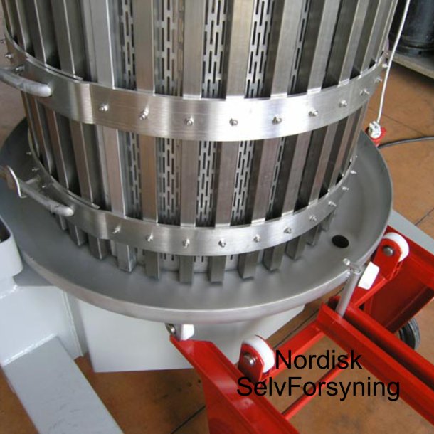 Elektrisk hydraulisk presse 330 l., rustfri kurv, presseplade og aflbsskl. Malet ramme. 